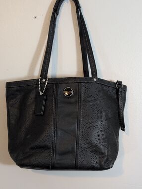 Coach Black Perforated Leather Tote with Logo Accent